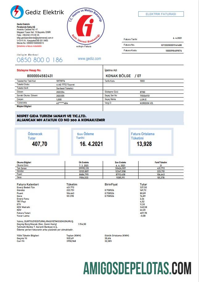 Em branco modelo de conta de serviços públicos Turquia Gediz Elektrik em formato Word e PDF, totalmente editável